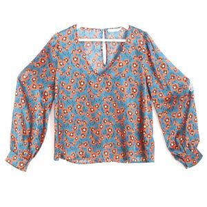 Lush Cali Poppy Print Satin Long Sleeve Romantic V-Neck Blue Red Blouse Size M